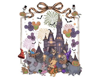Castillo retro de Disney con Winnie the Pooh para Halloween (PNG), Temporada espeluznante de Disney (PNG), Pooh y sus amigos: Truco o trato, Camiseta para viaje familiar (PNG)