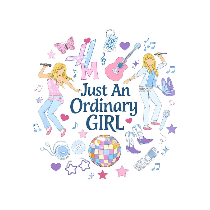 May include: A circular graphic with the text "Just An Ordinary Girl" and illustrations of a blonde woman singing, a guitar, butterflies, hearts, stars, and musical notes. The H&M logo is also present.