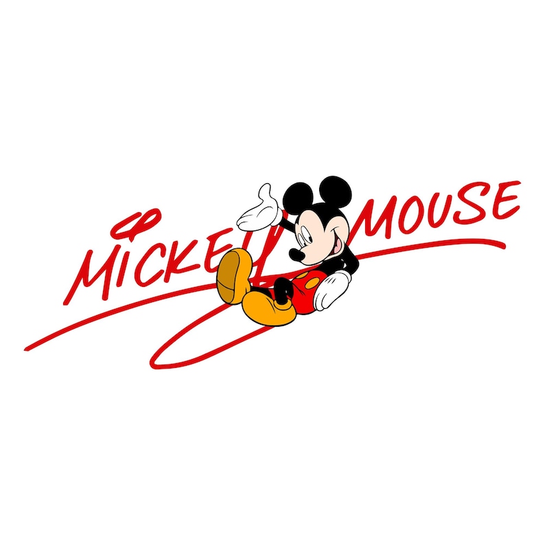 May include: A cartoon illustration of Mickey Mouse in a relaxed pose, with his right hand raised. Mickey is wearing red shorts, yellow shoes, and white gloves. The words "Mickey Mouse" are written in red script.