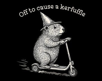Off to Cause a Kerfuffle PNG, Funny Wizard Capybara Scooter Meme, Whimsical Vintage Line Art (Digital Download)