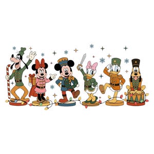 May include: A graphic illustration featuring six Disney characters dressed as nutcrackers, including Goofy with a candy cane, Minnie with a gift, Mickey with a wreath, Daisy with a sword, Donald saluting, and Pluto sitting on a drum, all accented by colorful Christmas lights and snowflakes.