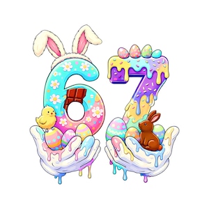 Pode incluir: Ilustração colorida dos números 67, decorada com elementos temáticos da Páscoa. O número 6 tem orelhas de coelho, uma barra de chocolate e um pintinho. O número 7 apresenta um coelho, ovos e um efeito de glacê escorrendo. Os números são segurados por mãos.