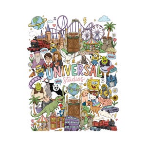 May include: A colorful illustration featuring the words "UNIVERSAL Studios" surrounded by cartoon characters and theme park elements. Includes characters from Harry Potter, Minions, Shrek, and more. The design is set against a white background.