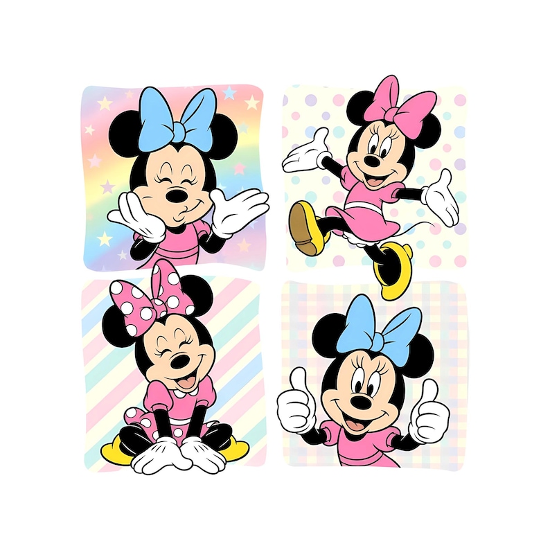 May include: Four colorful squares featuring Minnie Mouse in various poses. She wears a pink dress, bow, and shoes. Each square has a different background with stars, polka dots, and stripes. Minnie is smiling and giving a thumbs up in one square.