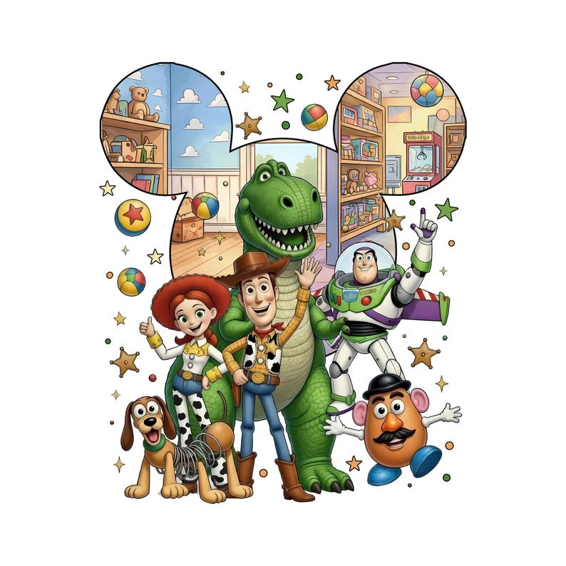 Puede incluir: Ilustraci&oacute;n colorida con los personajes de Toy Story: Woody, Buzz Lightyear, Jessie, Rex, Sr. Potato y Slinky. La imagen tiene un marco con forma de orejas de Mickey Mouse y un fondo de juguetes. Estrellas y bolas dispersas.