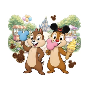 May include: Illustration of Chip and Dale, Disney characters, in a park setting. One holds a blue Mickey Mouse-shaped popsicle, the other an ice cream cone. The background features a castle, food carts, and cookies.