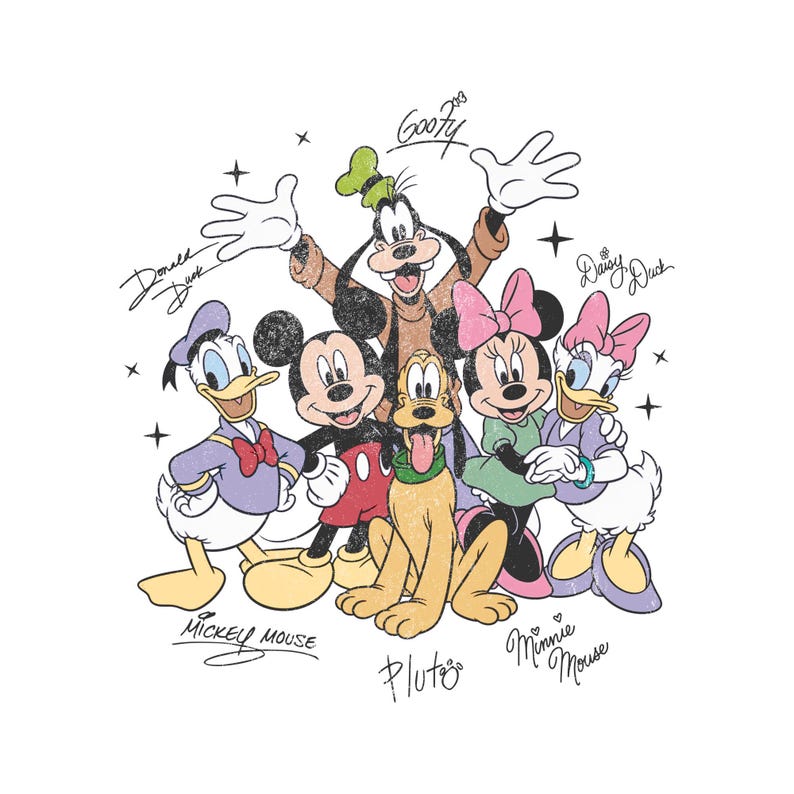 Może przedstawiać: Graficzna ilustracja przedstawiająca postacie Disneya: Donalda, Myszki Miki, Goofy'ego, Pluto, Minnie Mouse i Daisy Duck. Każdej postaci towarzyszy odręczny podpis wykonany czarnym tuszem na białym tle.
