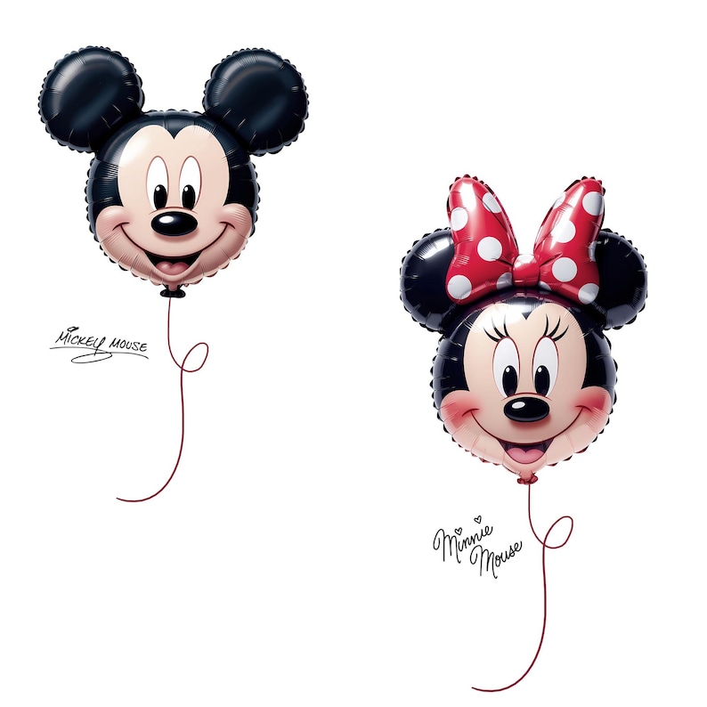 May include: Two foil balloons shaped like the heads of Mickey Mouse and Minnie Mouse. The Mickey balloon is black with a tan face. The Minnie balloon is black with a tan face and a red bow with white polka dots. Each has a thin string and text.