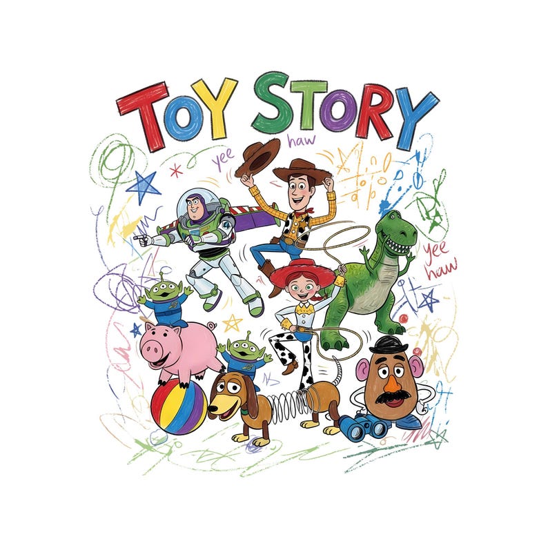May include: Colorful illustration featuring characters from the animated film "Toy Story." The image includes Buzz Lightyear, Woody, Jessie, Rex, Mr. Potato Head, Slinky Dog, Hamm, and the Little Green Men, with the words "Toy Story" at the top.
