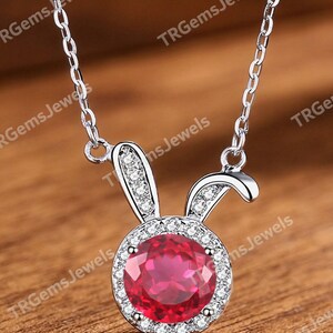 Red Ruby Lab Grown Round Cut Rabbit Pendant, 92.5 Sterling Silver Bunny Halo Necklace, Animal Jewelry, Everyday Necklace Gift For Her