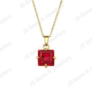 Natural 92.5 Sterling Silver Gold Plated, Red Ruby Necklace, Squar Red Gemstone Necklace for Everyday Wear, Gift For Her