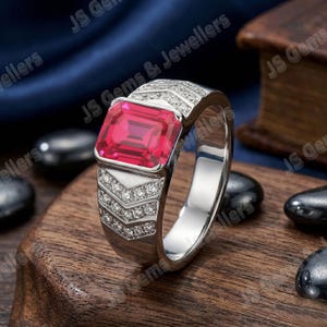 Men's Emerald Cut Red Ruby Ring, Natural 92.5 Sterling Silver Red Gemstone Signet Ring, Statement Ring for Men Gift For Him