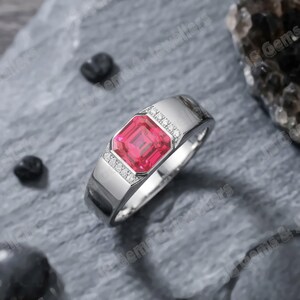 Men's Red Ruby Ring, 925 Sterling Silver Signet Ring, Emerald Cut Red Stone Ring for Men, Statement Jewelry, Gift for Him