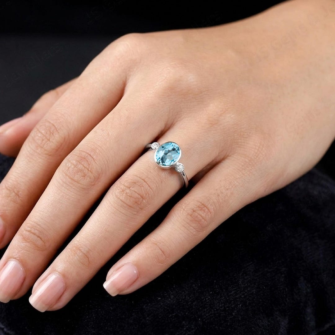 Natural Sky Blue Topaz Oval Cut Bezel Ring in 925 Sterling Silver,three ...