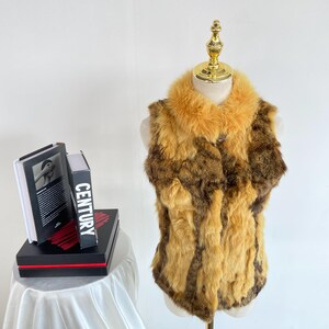 Vintage Golden Brown Patchwork Faux Fur Vest, Sleeveless Jacket with Fluffy Collar (Women's XS)