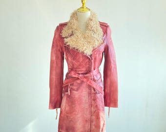 Burgundy Sheepskin Fur Collar Leather Coat | Quilted Waist-Tie Vintage Jacket (Women’s M)