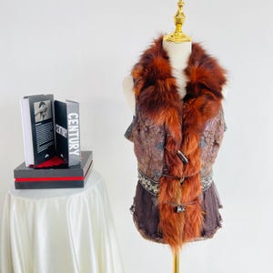 Vintage Boho Fur Vest with Fox Collar, Embellished Rhinestone Waist, Real Fur Y2K Sleeveless Gilet (Women's M)