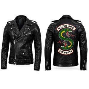 May include: Black leather jacket with a classic biker style, featuring a notched collar, asymmetrical zipper, and belt. The back displays a patch with a green snake and the words "South Side Serpents."