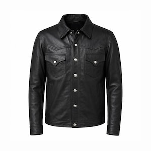 Handmade Men's Black Leather Trucker Jacket | Genuine Leather Western Shirt Jacket | Classic Snap Button Casual Coat for Men