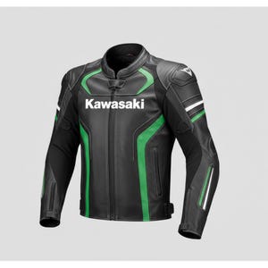 Könnte beinhalten: Schwarze Motorradjacke mit grünen und weißen Akzenten. Das Kawasaki-Logo in Weiß ist auf der Brust zu sehen. Die Jacke hat einen Stehkragen und einen Reißverschluss. Schulterpolster sind vorhanden.