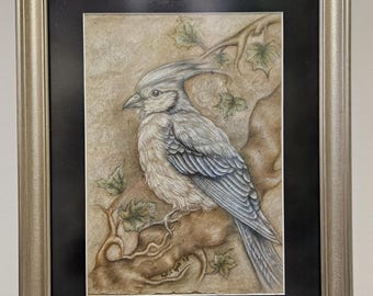 Framed Bird Portrait, Handmade Paper Watercolor Pencil Art, Whimsical Woodland Wall Decor