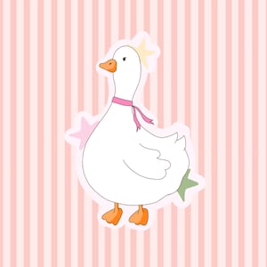 May include: A cartoon illustration of a white goose with orange feet and beak, wearing a pink ribbon. The goose is surrounded by pink stars and set against a pink and white striped background.