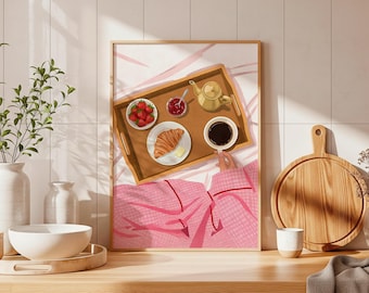 Breakfast in Bed Art Print, Cozy Morning Coffee, Pink Bedroom Decor