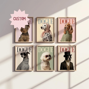 May include: Six framed art prints featuring dogs styled in fashionable attire. Each print has the word "DOGUE" in a magazine-style layout. The prints showcase a variety of dog breeds, each with unique outfits and accessories.