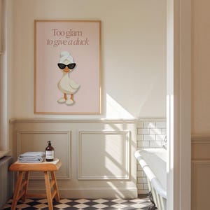 Funny Bathroom Duck Print, Girly Pink Glam Wall Art, Pink or Cream Optional