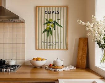 Olives Art Print, Kitchen Wall Art, Minimal or Striped Version, Green Olive Poster