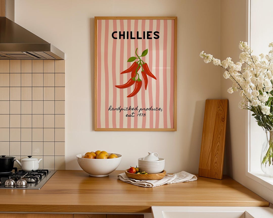 Chillies Art Print, Mediterranean Kitchen Decor, Pink Striped Wall Art ...