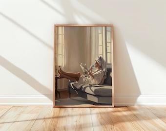 Relaxing Woman Tea Print, Cozy Morning Wall Art, Neutral Home Decor