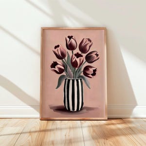Burgundy Tulip Print | Blush Floral Wall Art | Modern Feminine Painting | Striped Vase Artwork