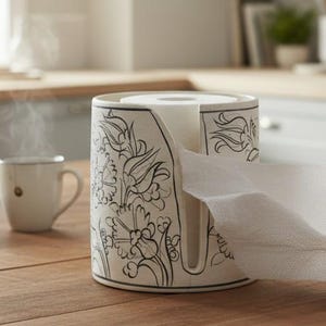May include: A white and black floral patterned paper towel holder sits on a wooden table in a kitchen. A person is pulling a paper towel from the holder. A cup of coffee, lemons, and bread are also on the table.