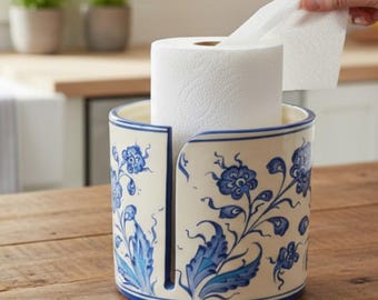 Handgefertigte Keramik Papierhandtuchhalter – Blaues Blumen türkisches Design – Weihnachten Küchen Dekor – Geschenk für Sie – Keramik Kunst | 25 Urlaub Verkauf