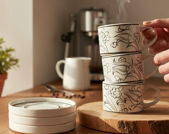 Malen Sie Ihr eigenes Keramikbecher-Set - Stapelbare türkische DIY-Kaffeetassen mit Untertassen - Urlaubsgeschenk - 4 Tassen und 4 Teller