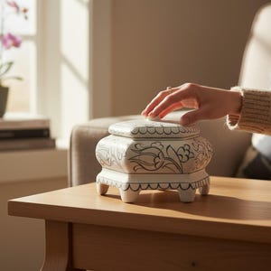 Puede incluir: Una caja decorativa blanca con tapa cuadrada y cuatro patas pequeñas. La caja está adornada con un diseño floral negro. La caja está sobre una mesa de madera. Una mano toca la tapa de la caja.