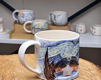 Sternenklare Nacht Keramiktasse, handbemalte Van Gogh inspirierte Keramik, künstlerische Kaffeetasse mit Glasmond Charm, impressionistische Kunstliebhaber Geschenk