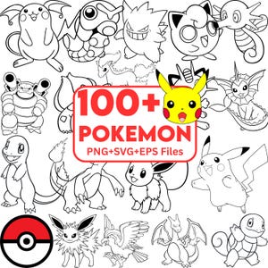 May include: A collection of black and white line art illustrations of various Pokémon characters. A red and white sign in the centre reads "100+ POKEMON" with "PNG+SVG+EPS Files" below. A yellow Pikachu is also featured.