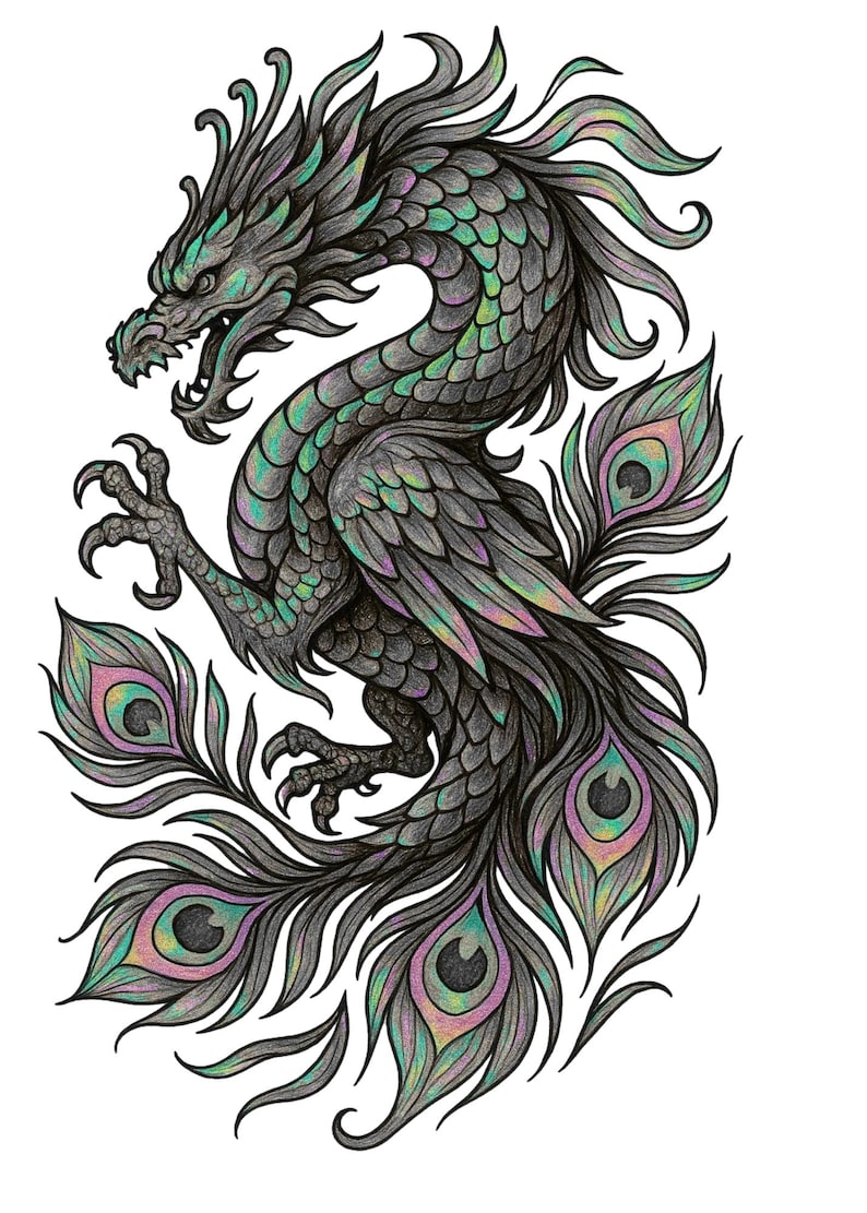 Peacock Dragon Tattoo Design | Holographic Iridescent Tattoo Art - Etsy