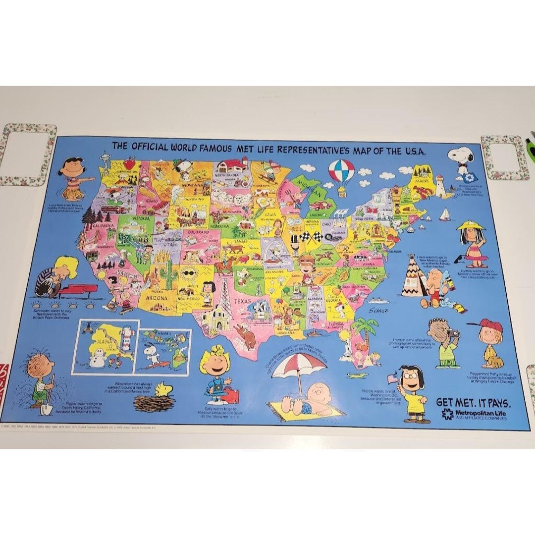 Vintage Peanuts Snoopy Met Life Poster Map of United States of America ...