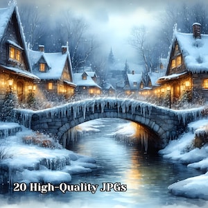 Cottagecore Winter Night Watercolor Clipart Bundle – 20 JPG Illustrations (Digital Download)