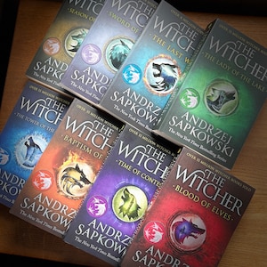 Op de afbeelding: Een verzameling van tien paperback boeken met groene, blauwe, rode, oranje en paarse omslagen. De boeken maken allemaal deel uit van de "The Witcher" serie van Andrzej Sapkowski. De omslagen bevatten een wolfskopf afbeelding en de titel "The Witcher".