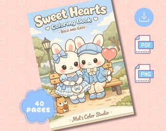 Libro para colorear de amor / Pareja de conejitos kawaii / Arte romántico Hygge (PDF/PNG, 40 páginas)