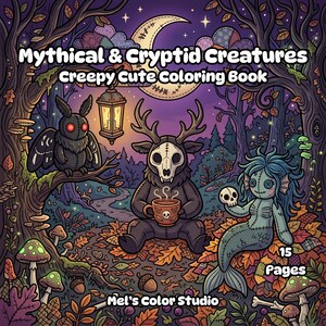 Può includere: Un libro da colorare intitolato Mythical & Cryptid Creatures Creepy Cute Coloring Book con 15 pagine di Mel's Color Studio. La copertina mostra una foresta scura con una falena, una creatura con corna che tiene una tazza e una sirena con cuciture.