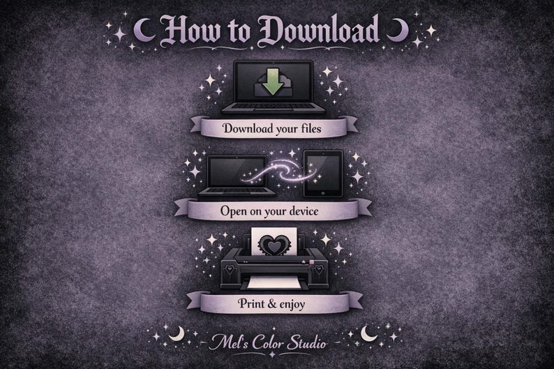 Step by step guide showing how to download and print a dark romance coloring book. Easy instructions for using gothic valentine coloring pages at home or digitally.