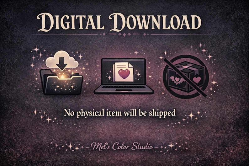 Digital download details for a dark romance coloring book including printable PDF files. Gothic valentine coloring pages designed for adults who enjoy dark academia and emotional art.