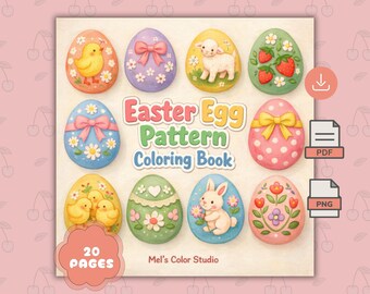 Libro para colorear de huevos de Pascua, diseños de primavera para adultos, 20 patrones cómodos (PDF, PNG)