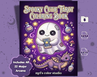 Spooky Cutie Tarot Malbuch | Genähte Plüsch Gothic Tarot Karten | 22 Major Arcana Witchy Kawaii Seiten | Gruselig niedliches Halloween PDF PNG