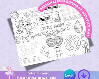 Mantel individual personalizado para actividades de cumpleaños de hadas – Tapete para colorear para niños (Plantilla de Canva)